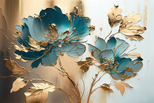 Abstract Floral Oil Painting. Gold And Blue Flowers On Pastel Background. Generative AI