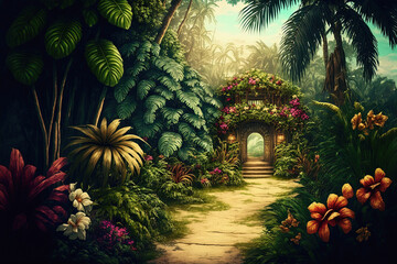 tropical garden with flowers and secret path. generative ai