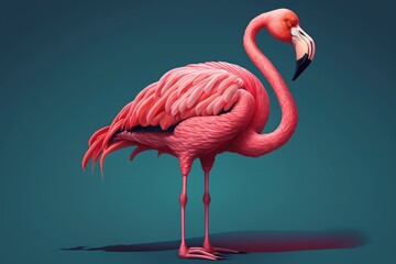 Sticker - pink flamingo standing on its hind legs in a tropical setting. Generative AI