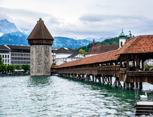 Different Look Of Chapel Bridge Across Reuss River In Lucerne, Switzerland.