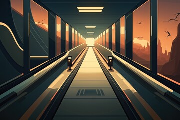 Poster - bustling train station with a locomotive ready to depart. Generative AI