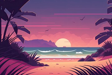 Sticker - serene tropical beach at sunset with palm trees and calm ocean waters. Generative AI