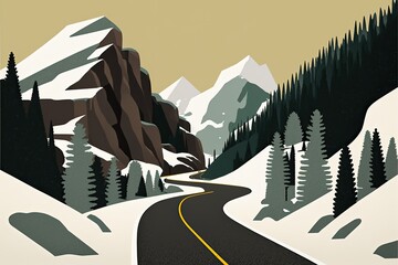 Canvas Print - scenic mountain road covered in snow during winter. Generative AI