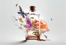 Flying Perfume Bottle With Flowers Flying Around On White Background. Generative AI