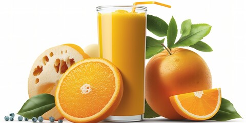 Sticker - Image of fresh orange juice and fruit, on a white backdrop. Generative AI