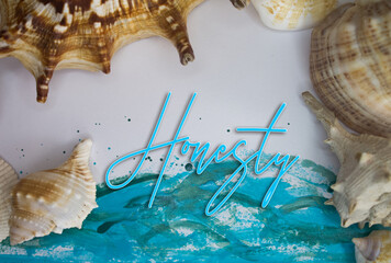 Poster - Animal Shell, Summer vacation, marine background with Honesty text.