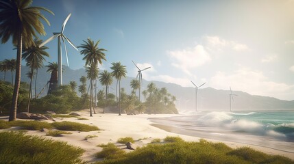 Wall Mural - Windmill farm on the tropical ocean shore, windmills on a sunny day. Generative AI