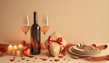 Wall Mural - Wine bottle with gift box and glass for valentines scheme 