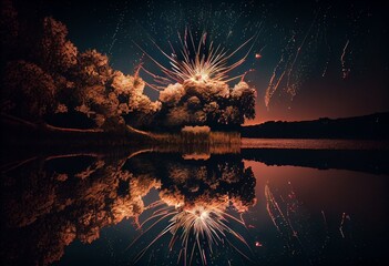 Sticker - fireworks over water reflection landscape created with generative AI technology