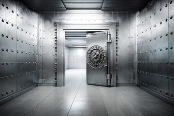 Front view of light silver bank vault door, closed