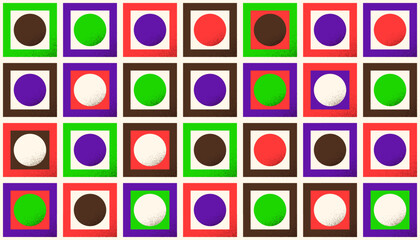 Poster - Brutal square and circles seamless pattern. Abstract brutalist background in Swiss or bauhaus style. Bold and bright geometric wallpaper with texture. Vector illustration 