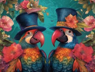 Two colorful parrots wearing top hats, colorful and interesting background