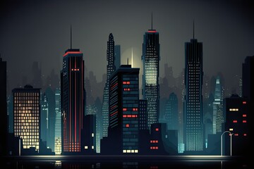 Wall Mural - bustling skyline at night with towering buildings and glowing lights. Generative AI