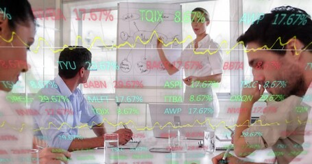Poster - Animation of stock market data processing over caucasian woman giving a presentation at office