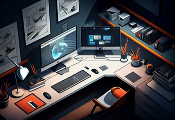Top view of cartoon workplace interior with pc computer. Mockup display. Generative AI