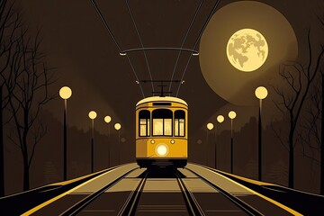 Wall Mural - yellow train journeying through the night under a glowing full moon. Generative AI