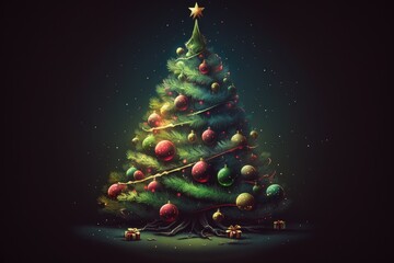 Poster - colorful Christmas tree with ornaments and a shining star on top. Generative AI