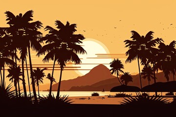 Poster - scenic tropical sunset with palm trees and a mountain in the background. Generative AI