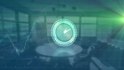 Poster - Animation of neon ticking clock, financial data processing and green light spot against empty office