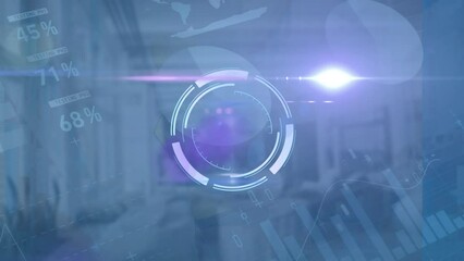 Poster - animation of neon round scanner, statistical data processing and light spot against empty office