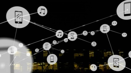 Poster - Animation of network of digital icons against aerial view of cityscape at night