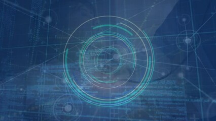 Poster - Animation of network of connections, neon round scanner against doctor examining a patient