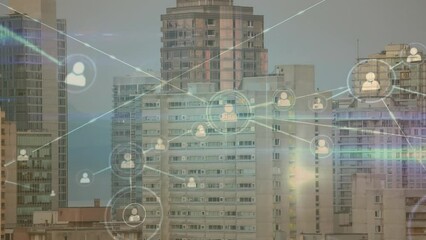 Poster - Animation of network of profile icons and blue light trails against aerial view of tall buildings