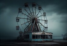 An Abandoned Carnival With A Ferris Wheel On A Cloudy Day. Digital Illustration. Generative AI