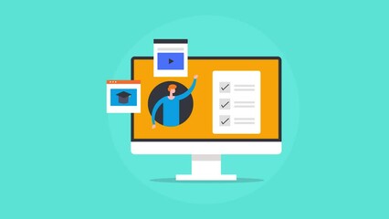 Online webinar training, teacher giving lecture on digital classroom, e-learning modern education. Video animation. 