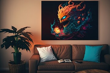 Poster - cozy living room with a colorful painting as the focal point. Generative AI