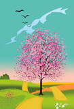 Fototapeta  - spring landscape with a lonely tree among the fieldsspring landscape with a lonely tree among the fields