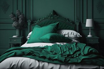 Canvas Print - cozy bed with lush green bedding. Generative AI