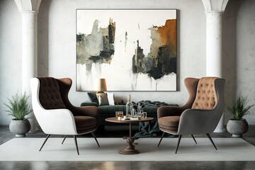 Wall Mural - cozy living room with tasteful furniture and an attractive painting on the wall. Generative AI