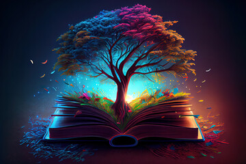Wall Mural - Open magic book of life, knowledge, wisdom. Fantasy, nature or learning concept with heart shaped tree. Generative Ai