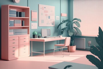 Poster - n office desk with computer and supplies. Generative AI