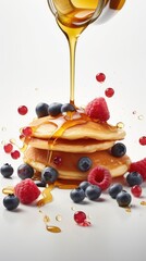 Wall Mural - Delicious pancakes with fresh blueberry, raspberries and honey. Generative AI