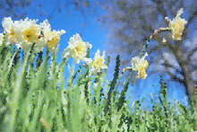 Stained Glass, Vitrage Image Of Daffodils In Spring. Seasonal, Decorative And Floral Concept