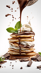 Wall Mural - Delicious pancakes with melted chocolate, whipped cream and mint. Generative AI