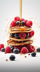 Wall Mural - Delicious pancakes with fresh blueberry, raspberries and honey. Generative AI