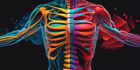 Bold and colorful abstract representation of human musculoskeletal system showing bones muscles and joints in an artistic way, concept of Vibrant and Structured, created with Generative AI technology