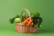 vegetables in basket isolated on green background with copy space for spring holiday - Generative AI
