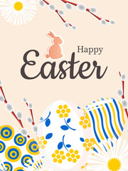 Canvas Print - Happy Easter. Stylish trendy postcard with cute painted eggs in blue and yellow colors in a modern design with willow branches and a pink rabbit on a vertical banner. 