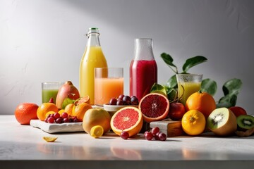 Fresh fruits juice on amazing light background, Healthy beverage rich in vitamins. Created Generative Ai