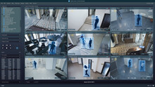 CCTV Cameras Playback On Computer Screen. People Walk In Coworking Office. Interface Of AI Program With Scanning And Recognition People. Security Cameras. Surveillance And Observation Digital System.