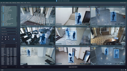 CCTV cameras playback on computer screen. People walk in coworking office. Interface of AI program with scanning and recognition people. Security cameras. Surveillance and observation digital system.