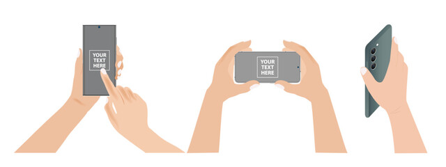 Poster - Hand holds the mobile phone in horizontal and vertical positions with blank screen in different positions. Female arm is touching smartphone display with finger. Presenting smartphone Vector.
