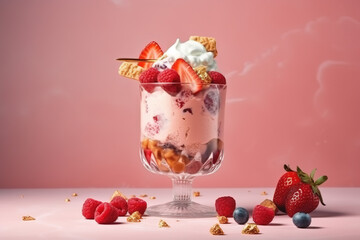 delicious ice cream in a elegance glass. Summer cold ice cream dessert concept on purple background - Generative AI