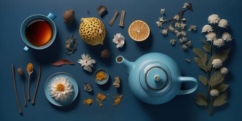 Sticker - Aerial perspective of a blue table setting with a teapot, teabags, lemon grass, milk, a strainer, and dried Chinese chrysanthemum blossoms. Generative AI