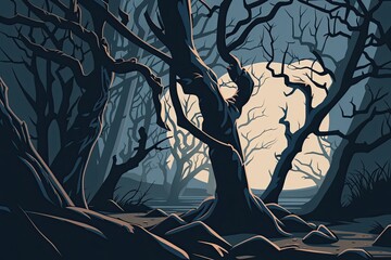 Wall Mural -  moonlit forest painting with trees, foliage, and a full moon in the background. Generative AI