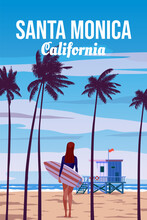 Travel Retro Poster California Santa Monica Beach Vector